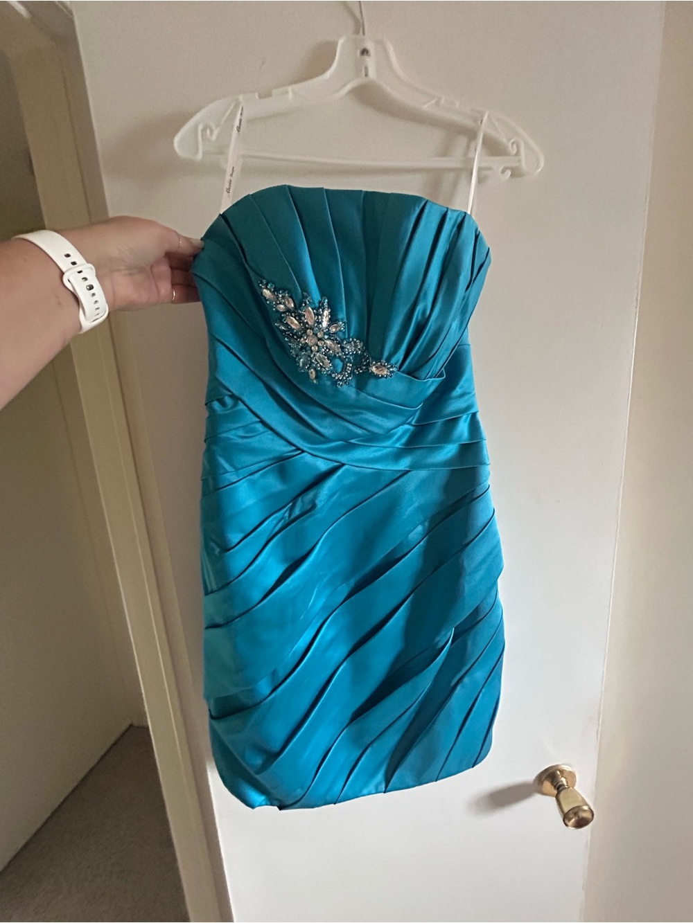 Alexia Designs Teal Strapless Cocktail Dress with Crystal Applique